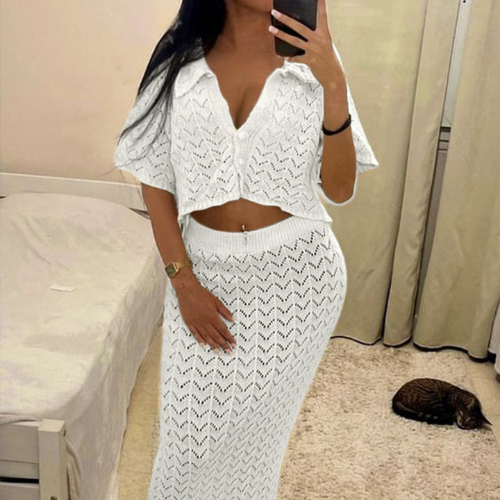 Damen Strick-Kleid mit hohen Seitenschlitzen und modischem Lochmuster Drune