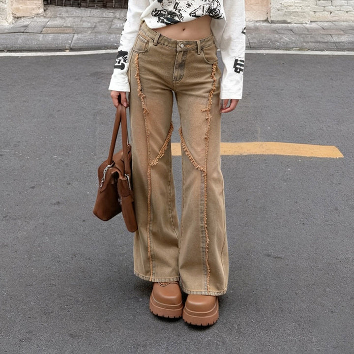 Damen nan hochgeschnittene Wide‑Leg Jeans mit offenen Saumnähten, diagonalem Fransenbesatz und Relaxed Fit Drune