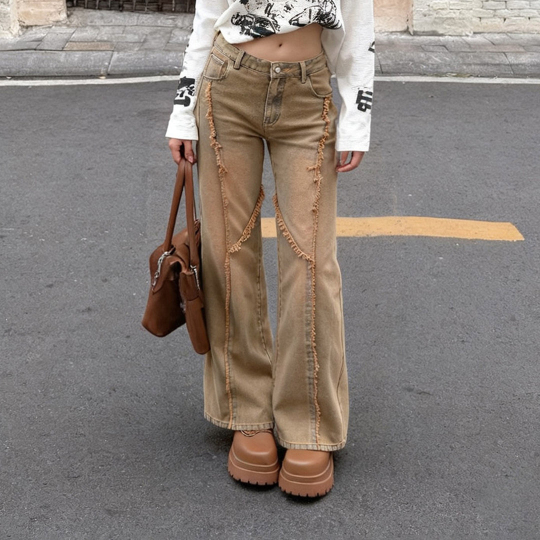 Damen lässige Wide-Leg-Jeans mit franselementen und hohem Bund Drune