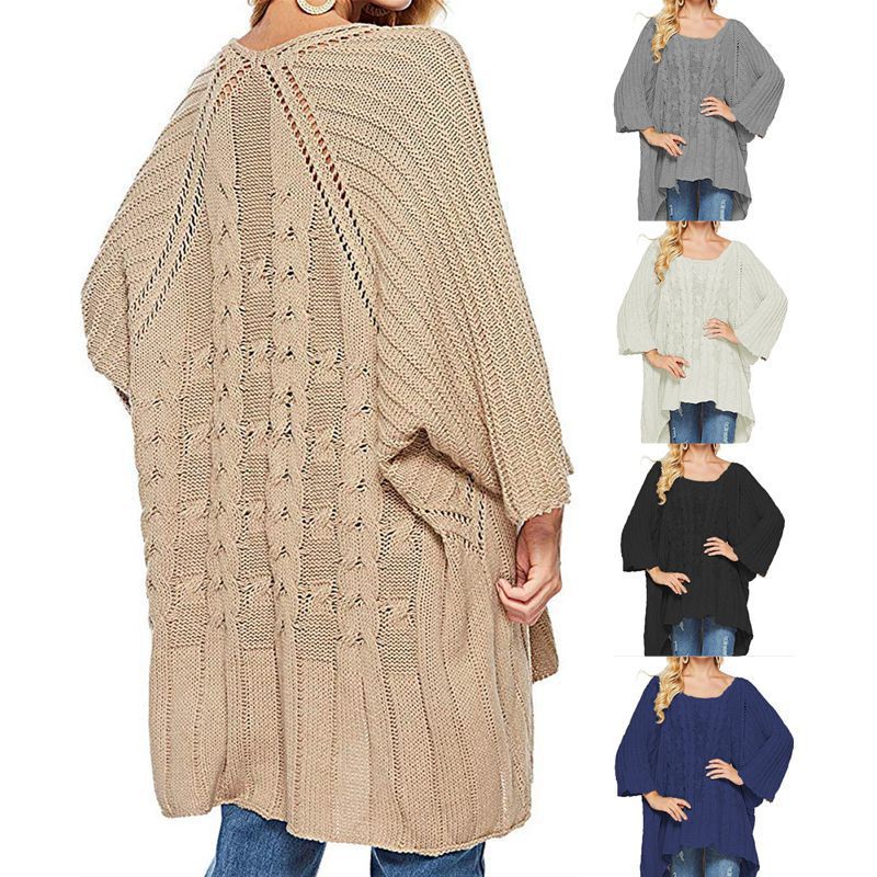 Damen Grobstrick-Poncho mit modischem Zopfmuster und weiten Ärmeln Drune