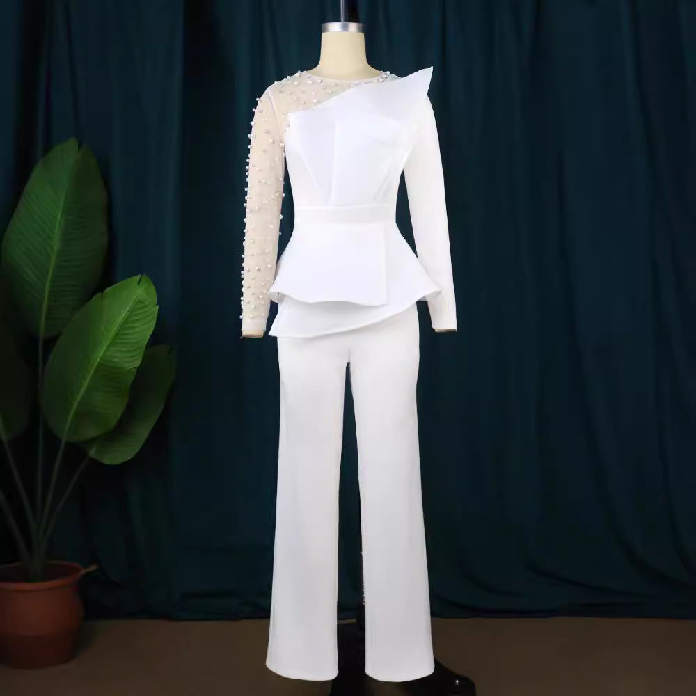 Damen Eleganter Jumpsuit mit transparenten Puffärmeln und tiefem V-Ausschnitt Drune