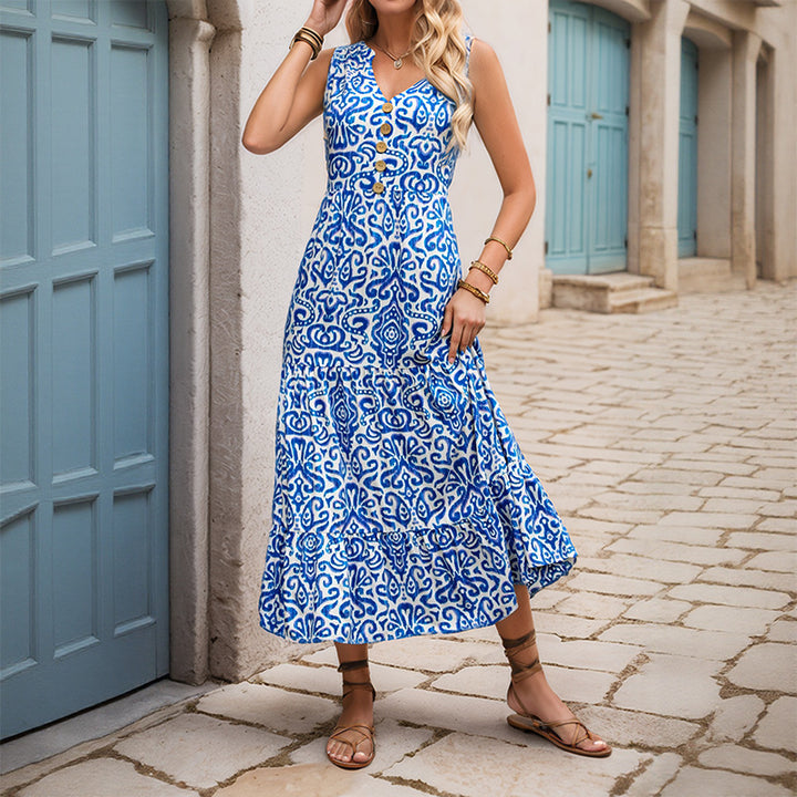 Damen Maxikleid mit floralem Muster und Knopfdetails Drune