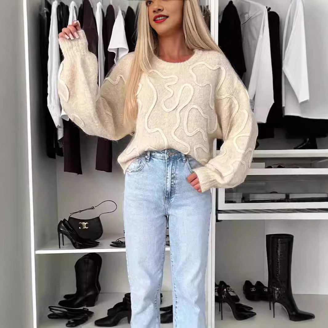 Damen gemütlicher Strickpullover mit künstlerischem Muster Drune