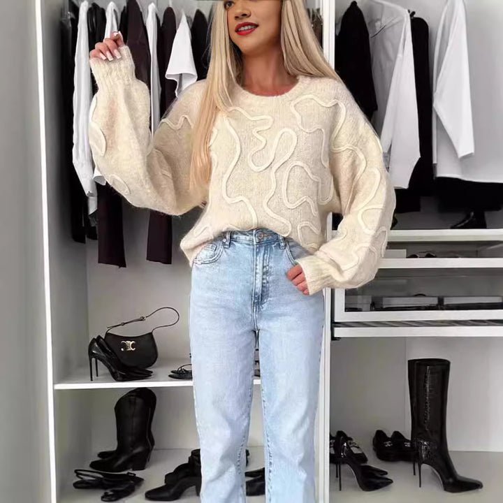 Damen gemütlicher Strickpullover mit künstlerischem Muster Drune