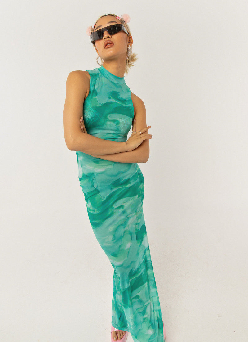 Damen elegantes Maxikleid mit hohem Kragen und fließendem Schnitt Drune