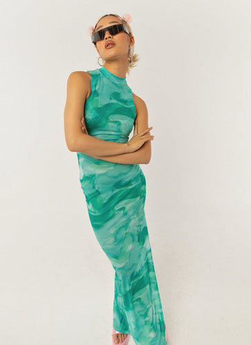 Damen elegantes Maxikleid mit hohem Kragen und fließendem Schnitt Drune