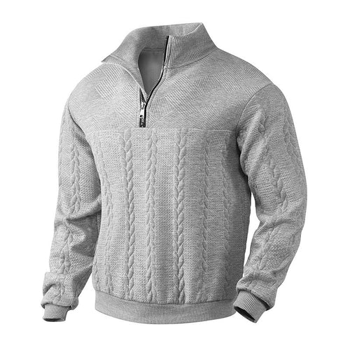 Herren nan grobgestrickter Troyer-Pullover mit Zopfmuster, Stehkragen und halbem Reißverschluss Drune