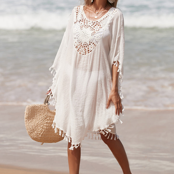 Damen Häkel-Strandüberwurf mit fransigem Saum und elegantem Lochmuster Drune