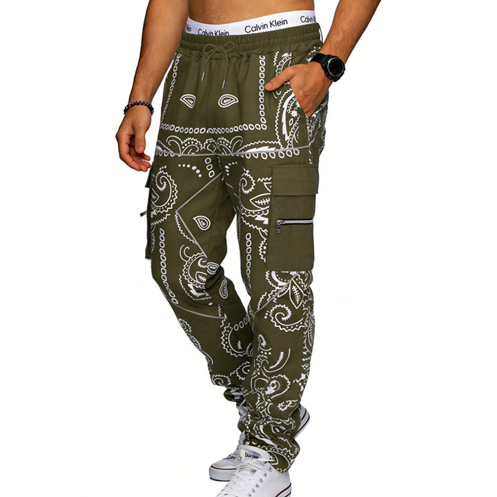 Herren nan Cargo-Jogginghose mit Paisley-Muster, elastischem Bund, multiple Reißverschluss- und Klappentaschen Drune