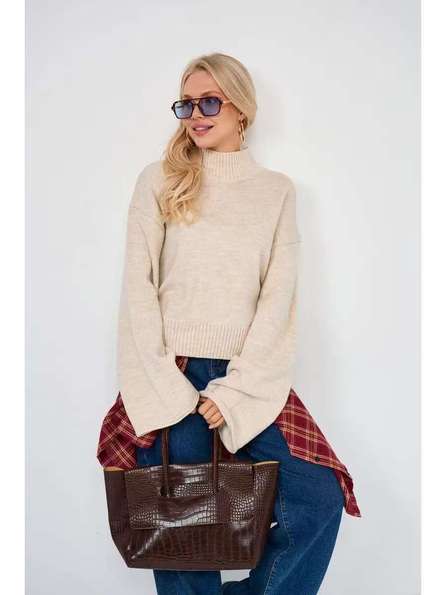 Damen Modischer Pullover mit weitem Schnitt und hohen Bündchen Drune