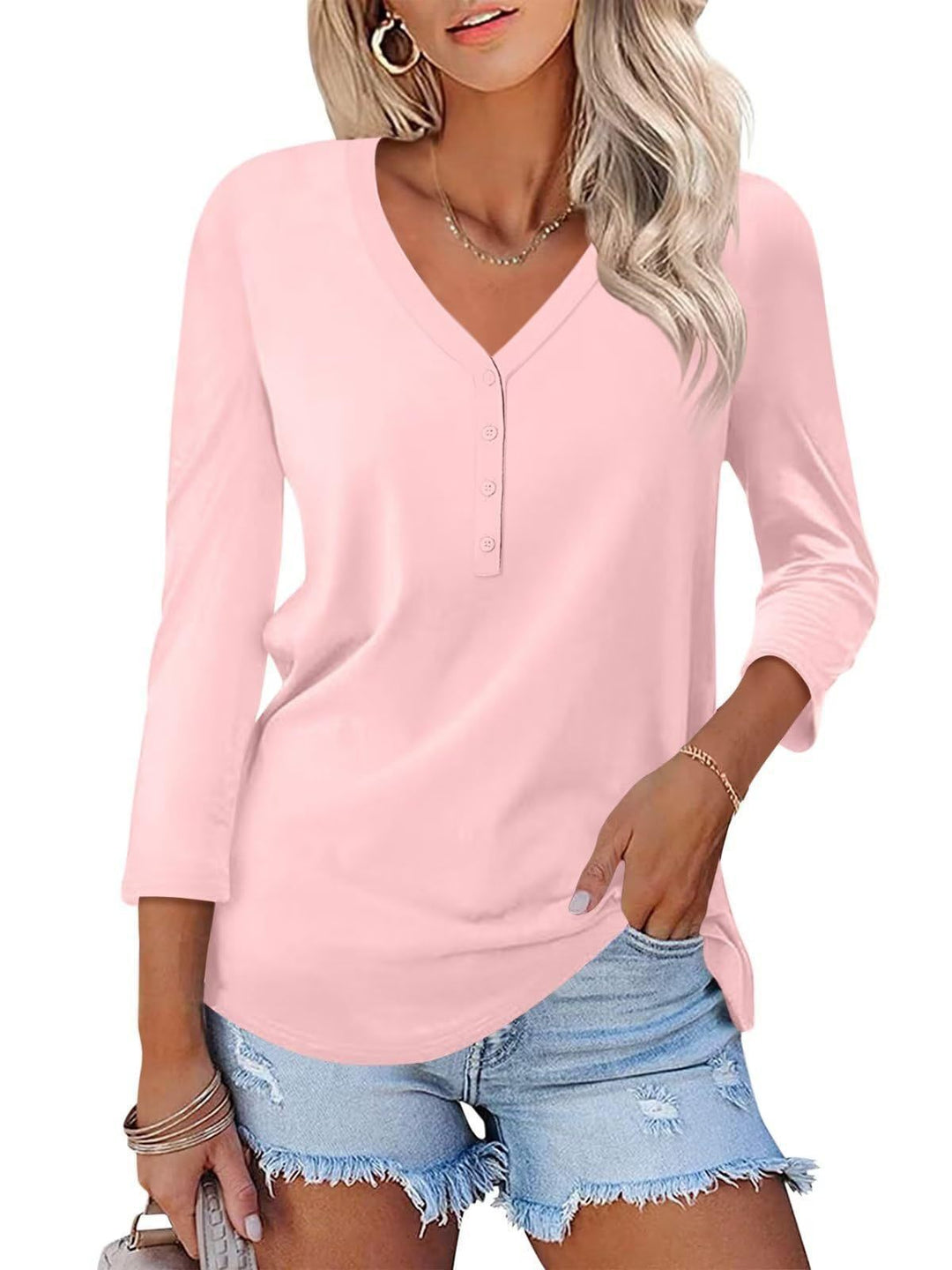 Damen Langarmshirt mit Knopfleiste und V-Ausschnitt Drune
