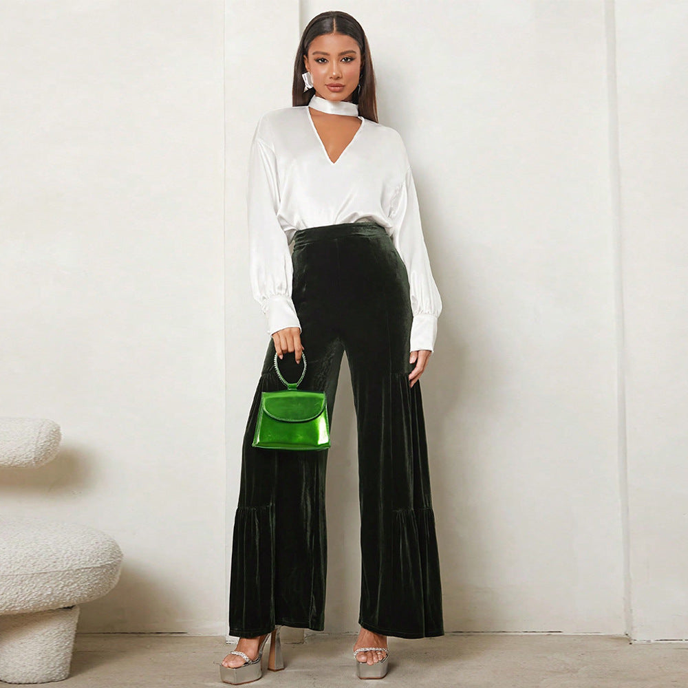 Damen Weite Velours-Hose mit Rüschendetails Drune