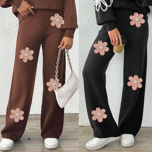 Damen lockere Strickhose mit floralen Applikationen Drune