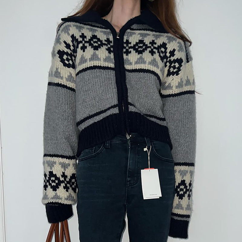 Damen Strickjacke mit floralem Muster und komfortablem Stehkragen Drune