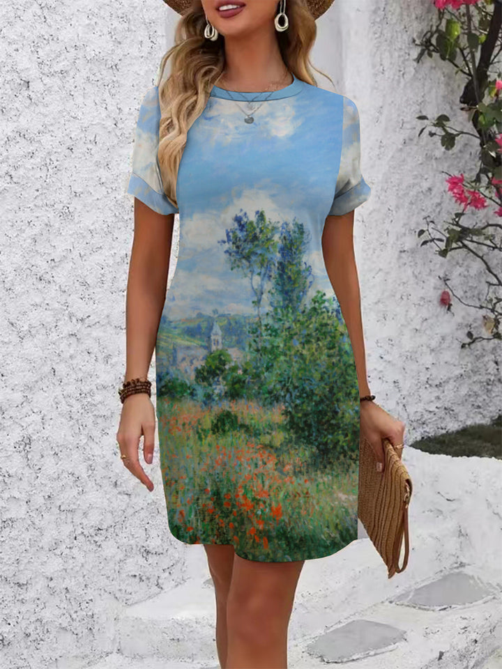 Damen lässiges Kurzarmkleid mit kreativem geometrischen Muster Drune