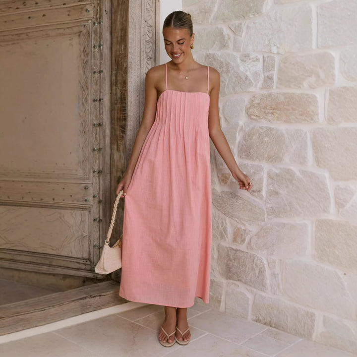 Damen Maxikleid mit gerafftem Oberteil und spaghettiträgern Drune