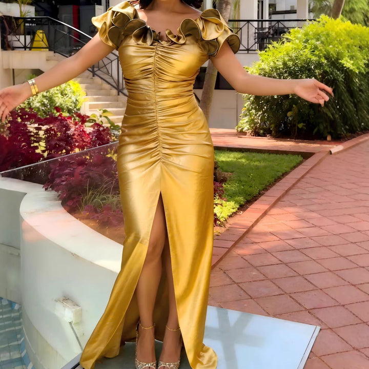 Damen Elegantes Maxikleid mit asymmetrischem Rüschendesign und schickem Schlitz Drune