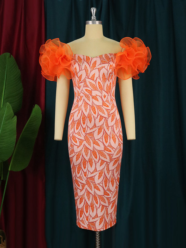 Damen Elegantes Midi-Kleid mit innovativen Puffärmeln und kunstvollem Druck Drune