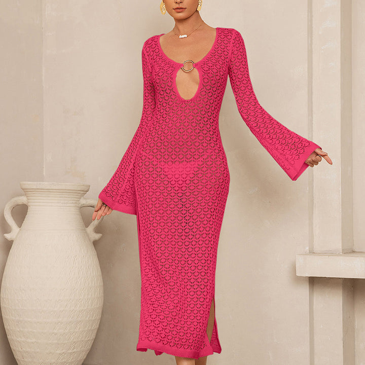 Damen Häkel-Maxikleid mit tiefem Ausschnitt und weit ausgestellten Ärmeln Drune