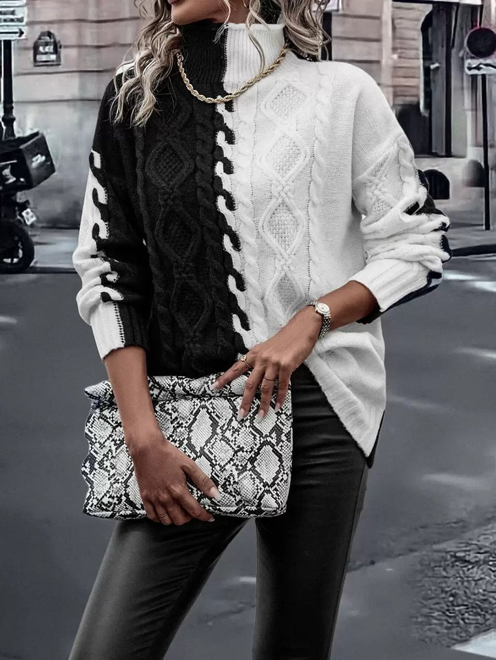 Damen Halblanger Strickpullover mit hohem Kragen und ausgefallenem Zopfmuster Drune