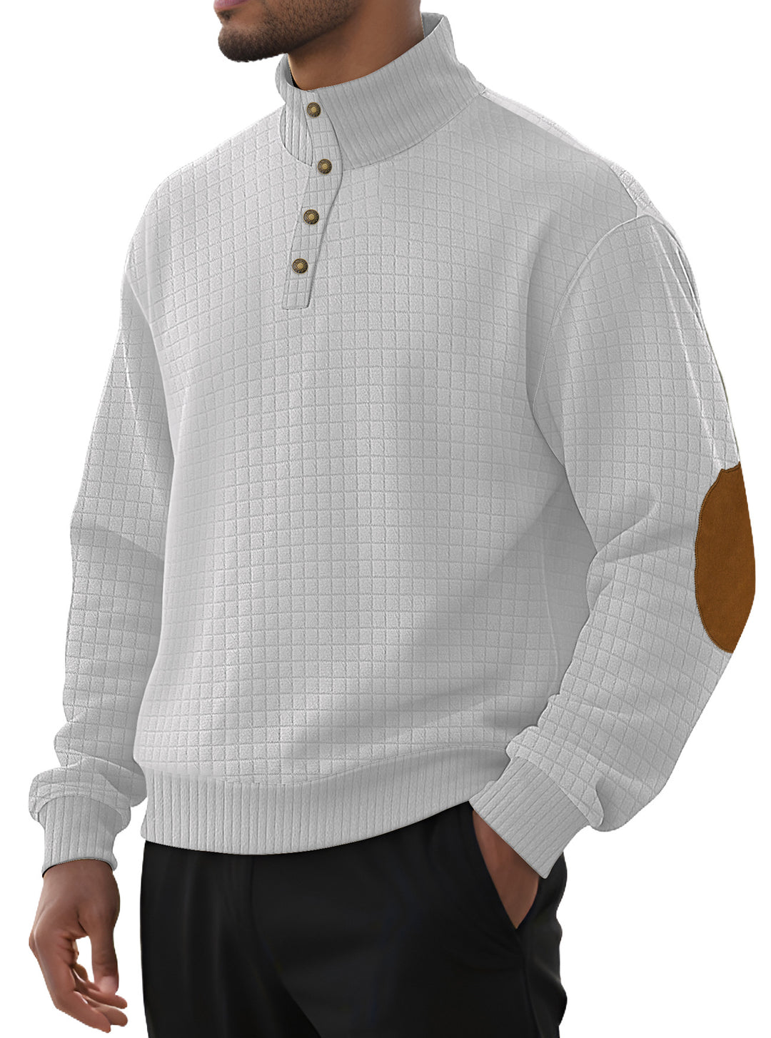 Herren nan kariertes Stepp-Sweatshirt mit Henley-Blende hohem Stehkragen und Velours-Ellenbogenpatch Drune