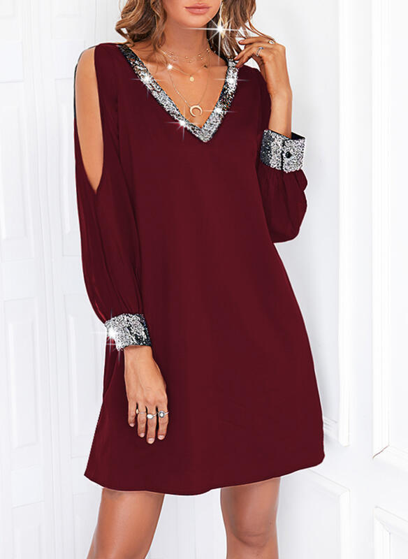 Damen elegantes Kleid mit schimmerndem V-Ausschnitt und Puffärmeln Drune