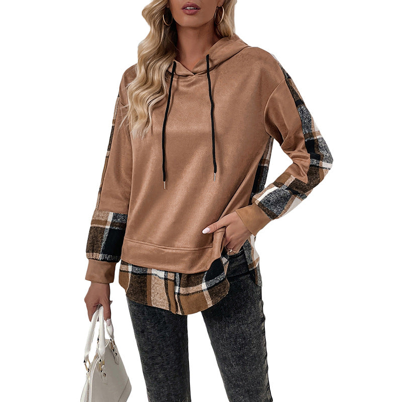 Damen lässiger Kapuzenpullover mit kariertem Patchwork-Design Drune