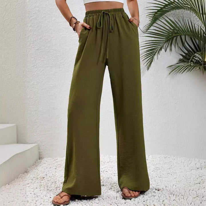 Damen elegante weite Hose aus leichtem Baumwollgemisch mit Gummizug Drune