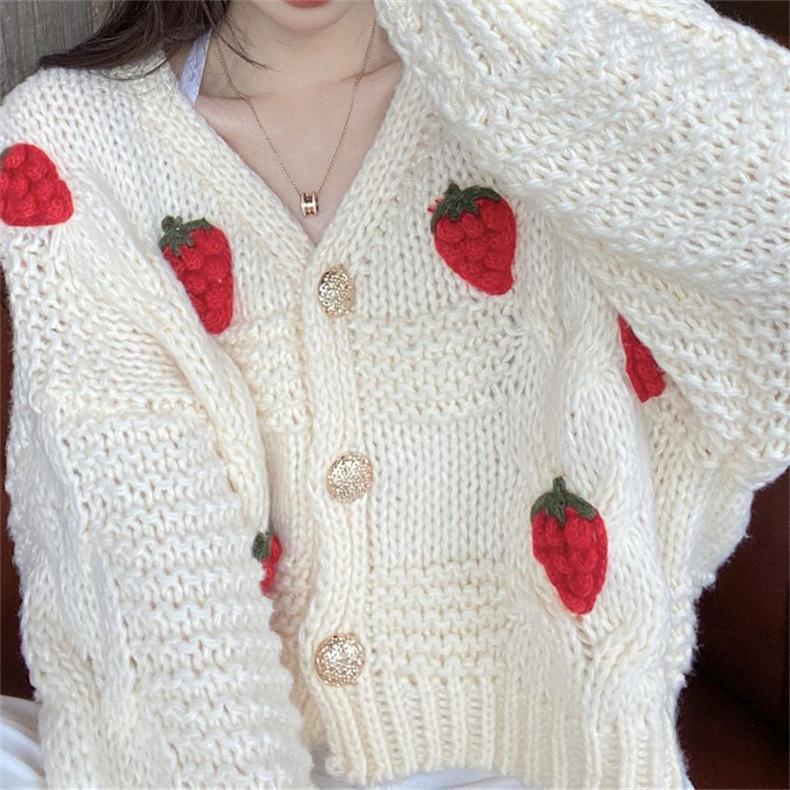 Damen Grober Strickcardigan mit Blumenstickerei und funkelnden Knöpfen Drune
