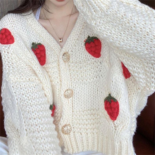 Damen Grober Strickcardigan mit Blumenstickerei und funkelnden Knöpfen Drune