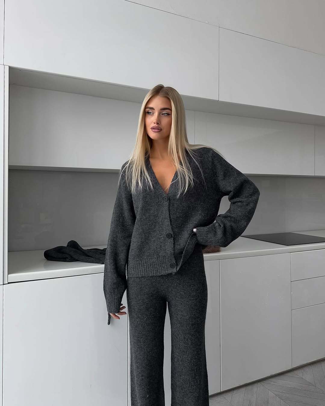 Damen eleganter Strick-Loungewear-Anzug mit weitem Bein Drune