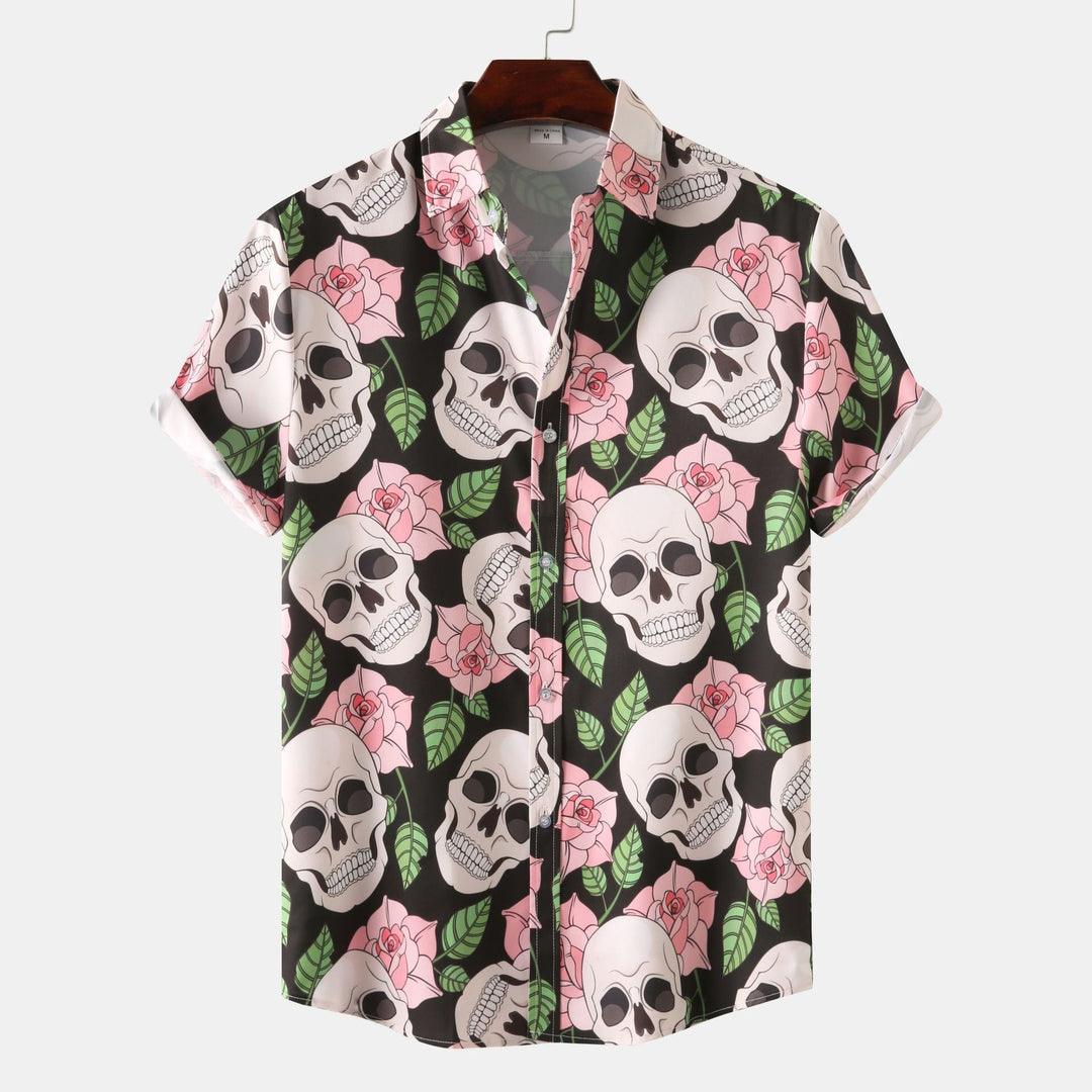 Herren Kurzarmhemd mit kreativem Totenkopf- und Blumenmuster Drune
