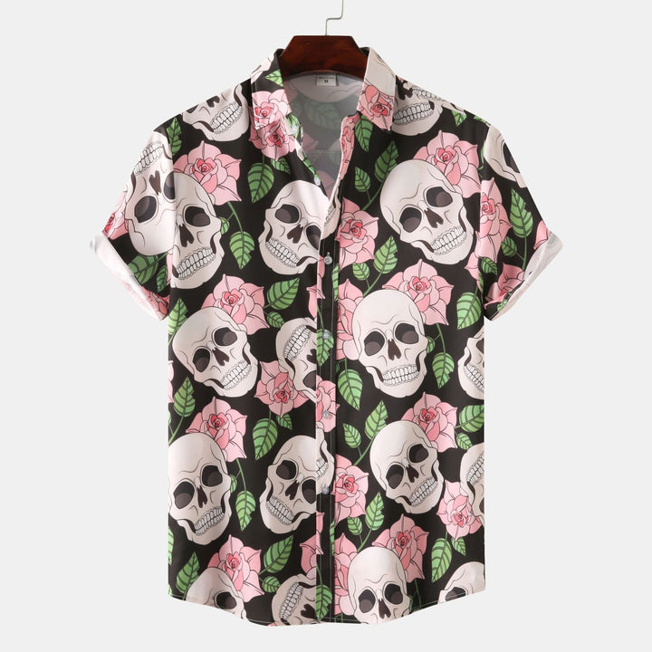 Herren Kurzarmhemd mit kreativem Totenkopf- und Blumenmuster Drune