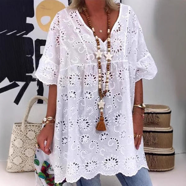 Damen Bluse mit floralen Stickereien und weiten Ärmeln Drune
