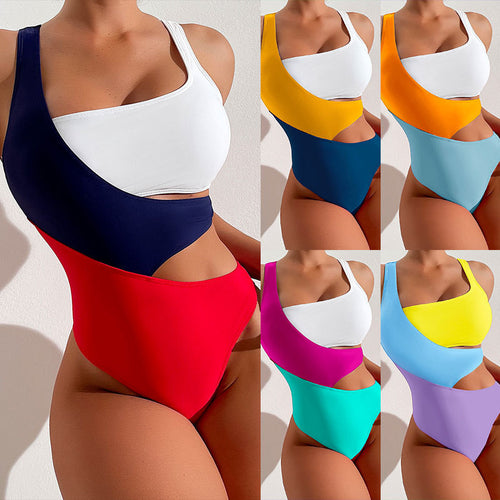 Damen Einteiler Badeanzug mit asymmetrischem Design und bunten Kontrastflächen Drune