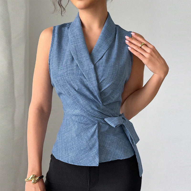 Damen elegantes Wickeloberteil mit modischem Kragen und tailliertem Schnitt Drune
