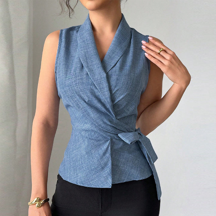 Damen elegantes Wickeloberteil mit modischem Kragen und tailliertem Schnitt Drune