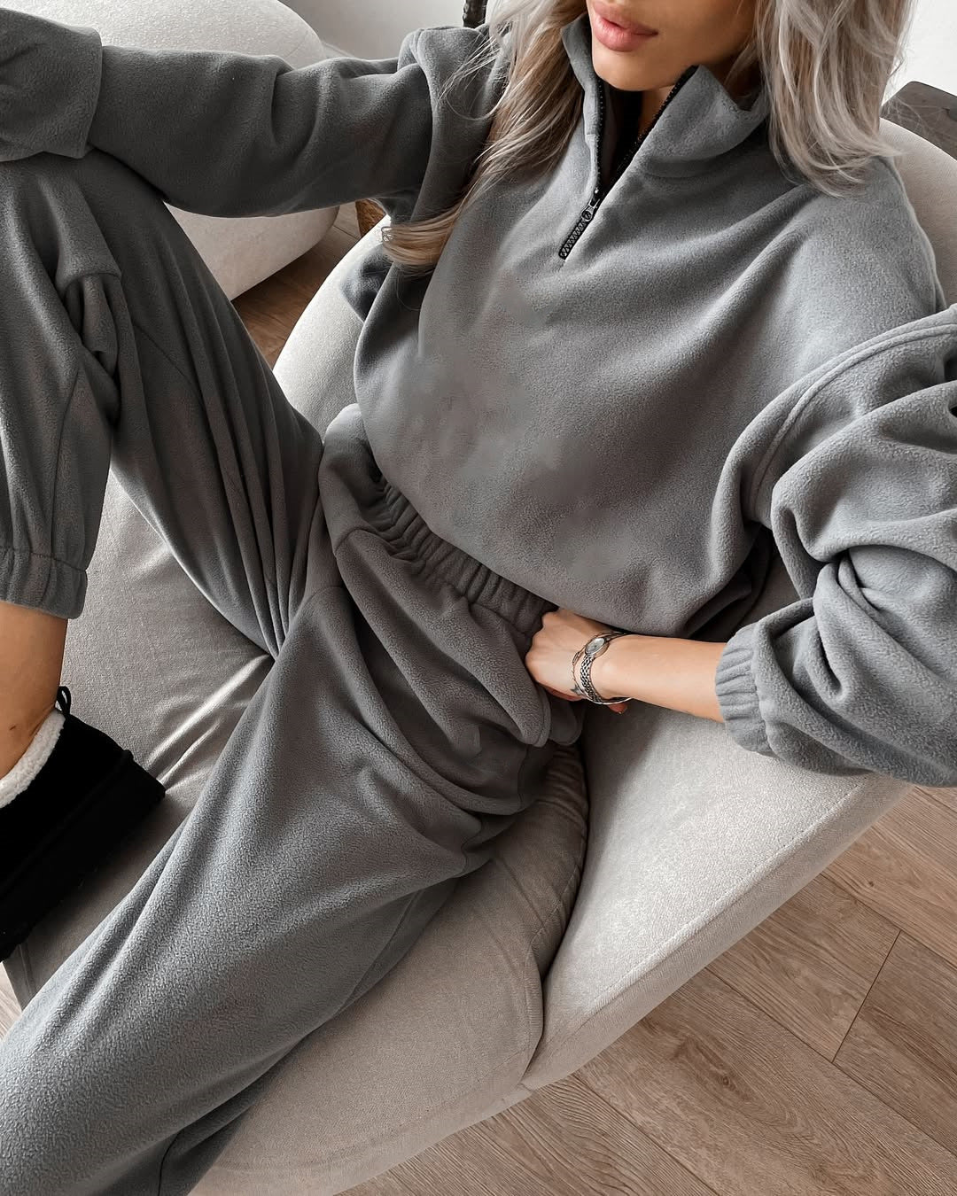 Damen Fleece-Loungewear-Set mit hohem Kragen und Reißverschluss Drune