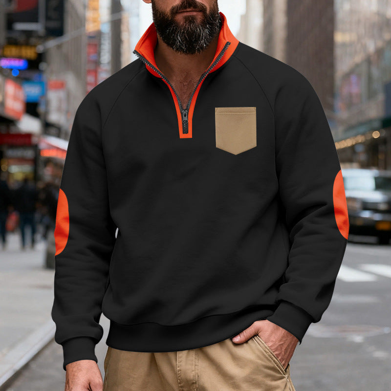 Herren nan Quarterzip-Sweatshirt mit Stehkragen, kontrastiertem Reißverschluss, Ellbogenpatches und Brusttasche Drune