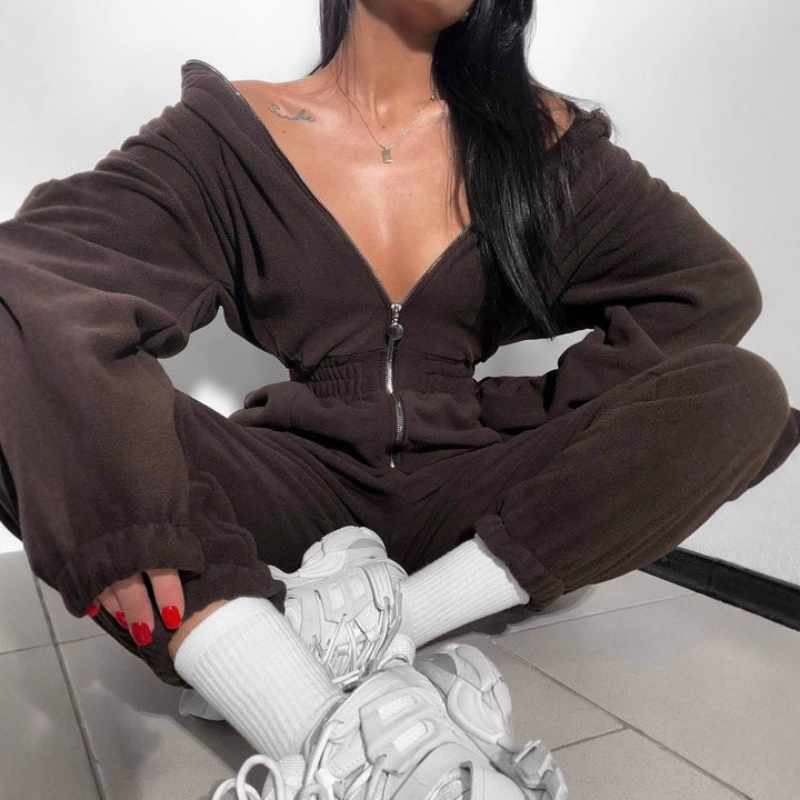 Damen Fleece-Jumpsuit mit Reißverschluss und Kapuze Drune