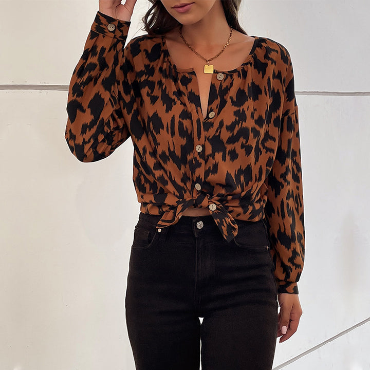 Damen Bluse mit Knotenverschluss und animalischem Print Drune