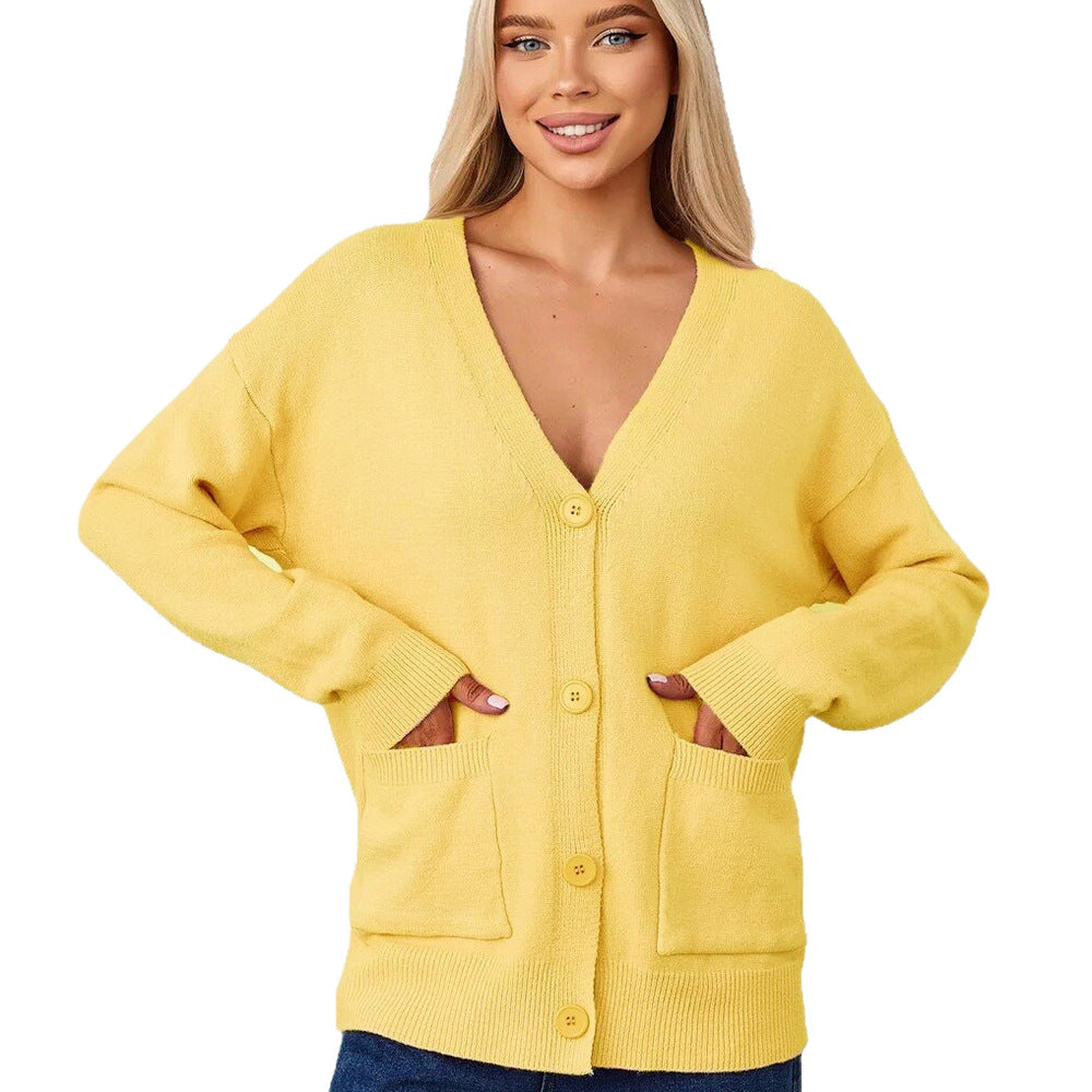Damen lässiger Strickcardigan mit V-Ausschnitt und praktischen Taschen Drune