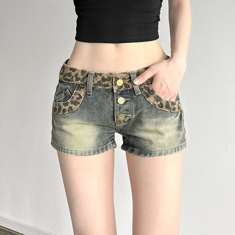 Damen Kurze Jeansshorts mit Leopardenmuster und gerafftem Bund Drune