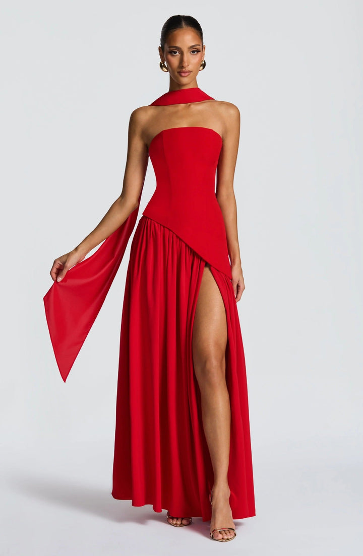Damen Maxikleid mit figurbetontem Oberteil und schwingendem Rock Drune