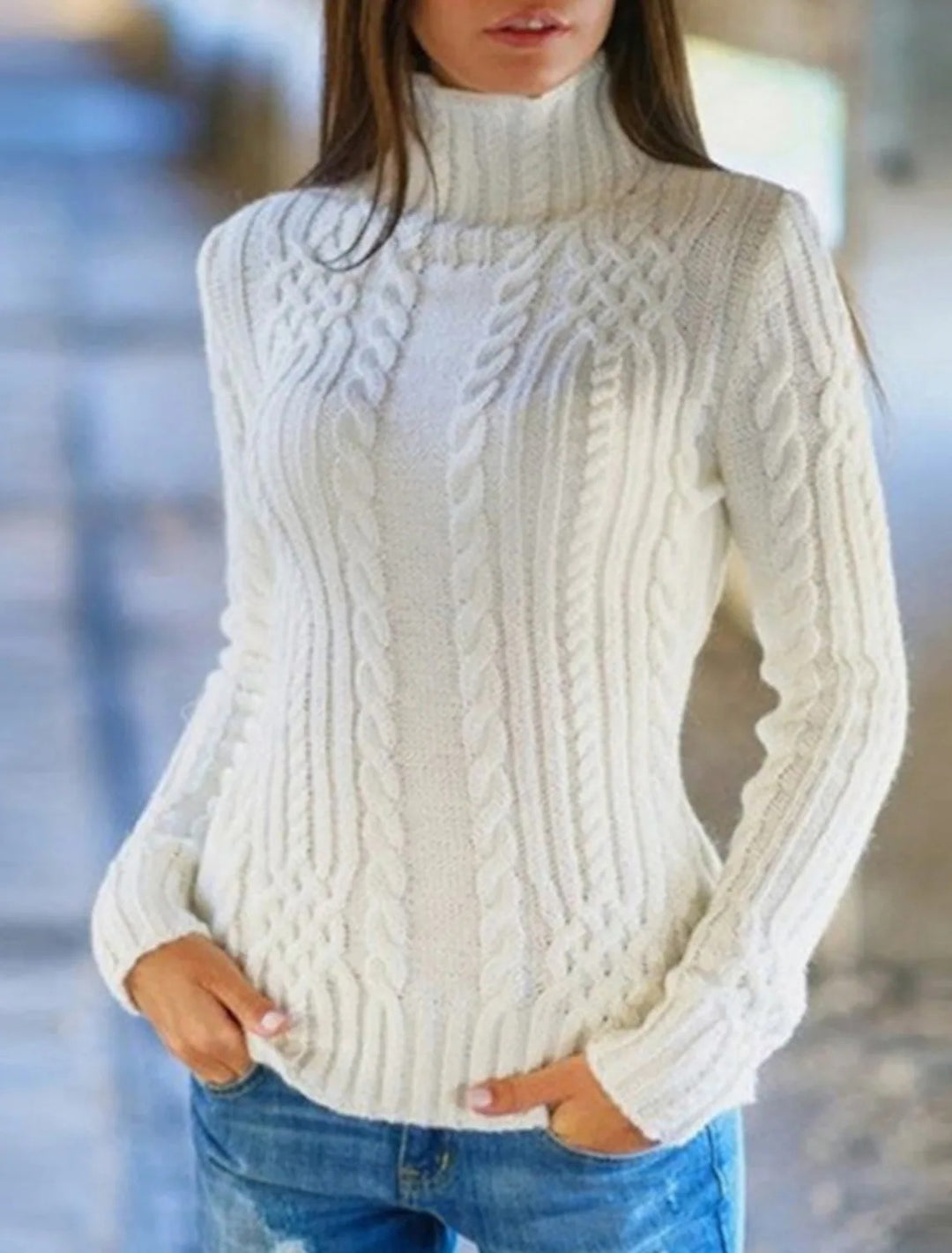 Damen Hochwertiger Strickpullover mit Stehkragen und Zopfmuster Drune