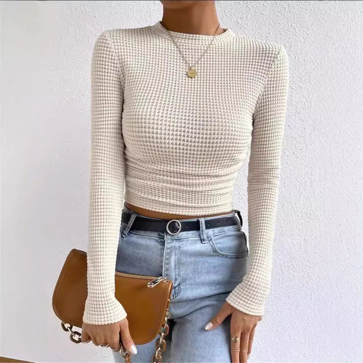 Damen nan tailliertes kurzgeschnittenes Waffelstrickshirt mit Rundhalsausschnitt und figurbetonter Passform Drune