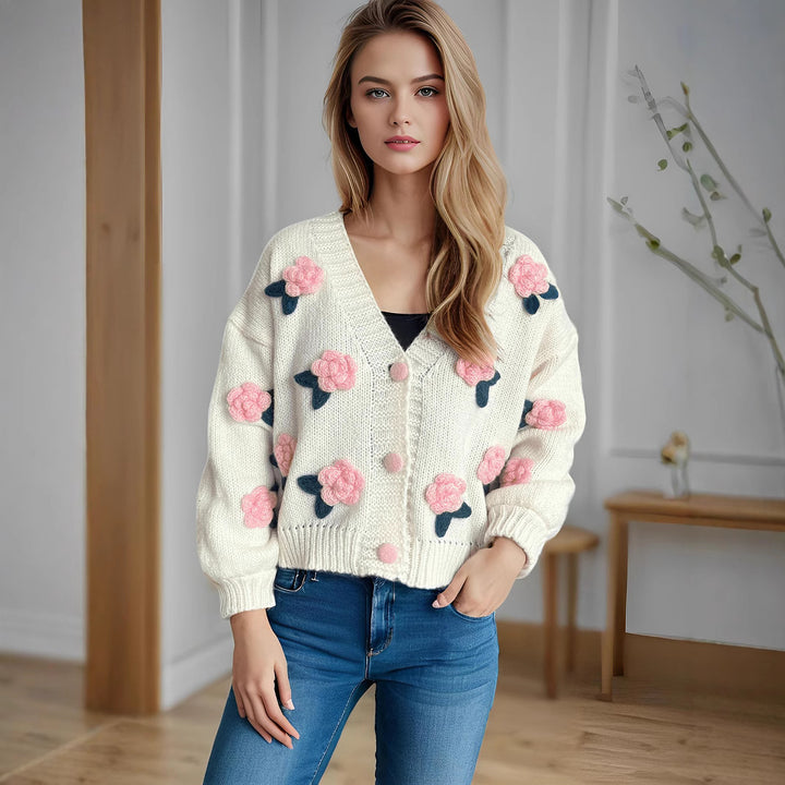 Damen Strickjacke mit floralen Applikationen und knöpfbarem Design Drune
