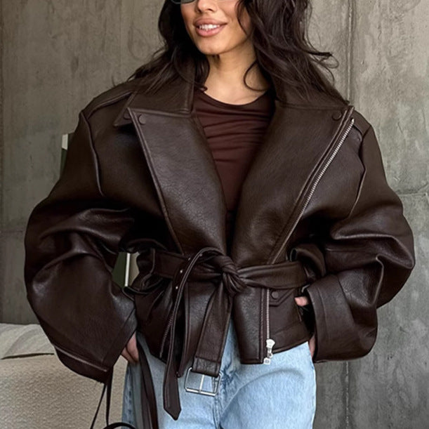 Damen Übergröße Kunstlederjacke im lässigen Stil Drune
