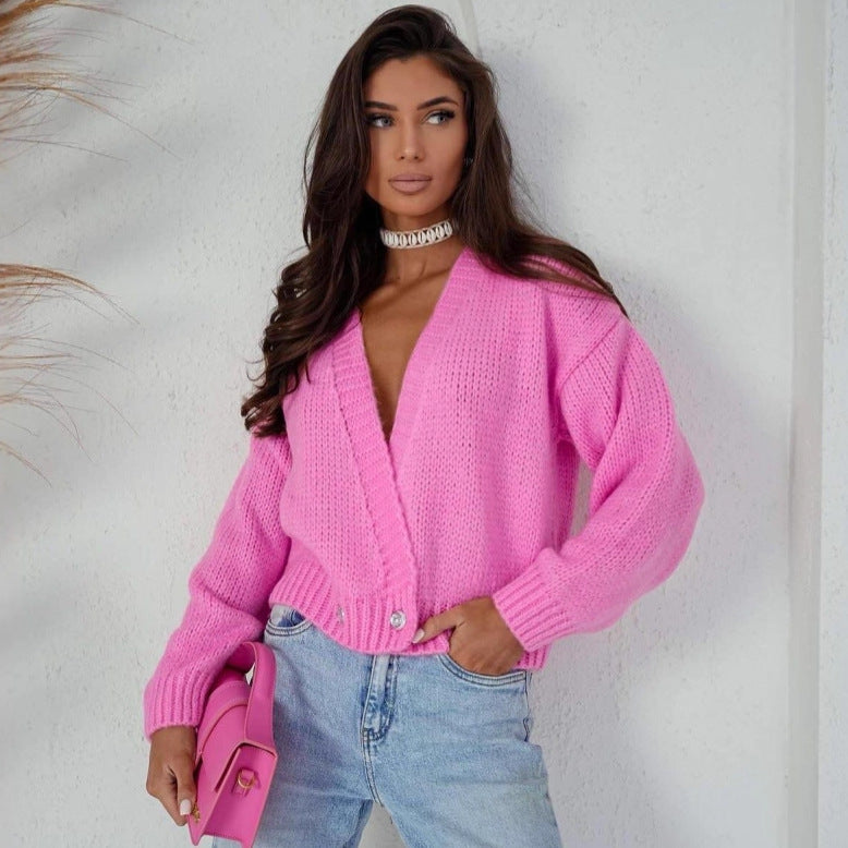 Damen kuschelige Strickjacke mit lockerer Passform und tiefem V-Ausschnitt Drune