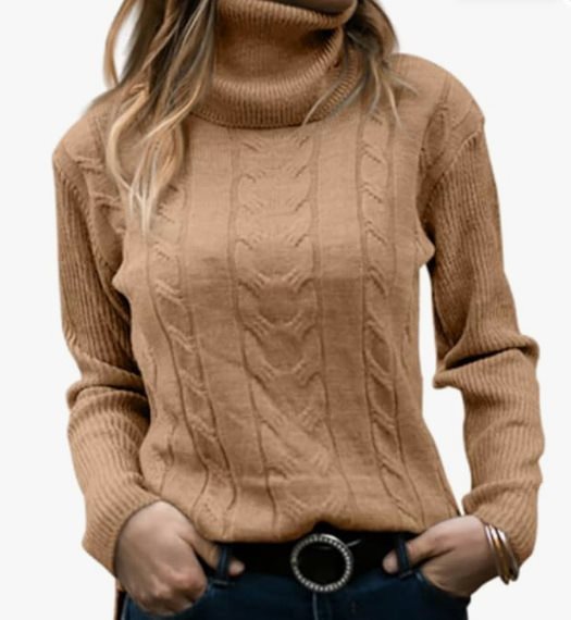 Damen Strickpullover mit hohem Kragen und strukturiertem Zopfmuster Drune
